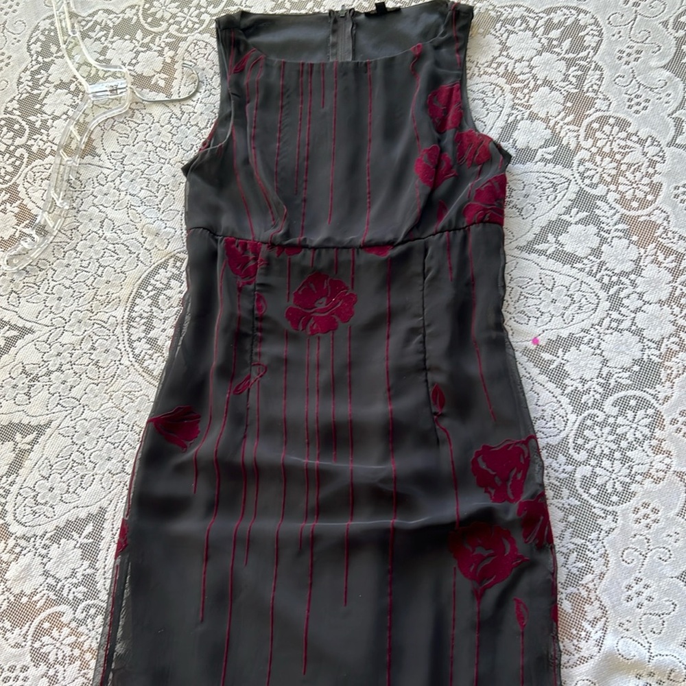 Black dress with dark red embroidered flowers